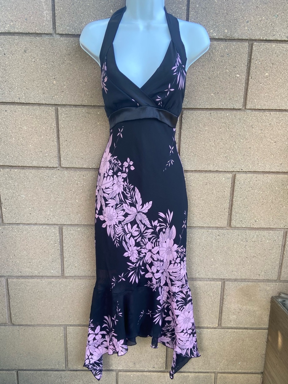 Vintage Papaya Black Halter Dress with Pink Floral Print